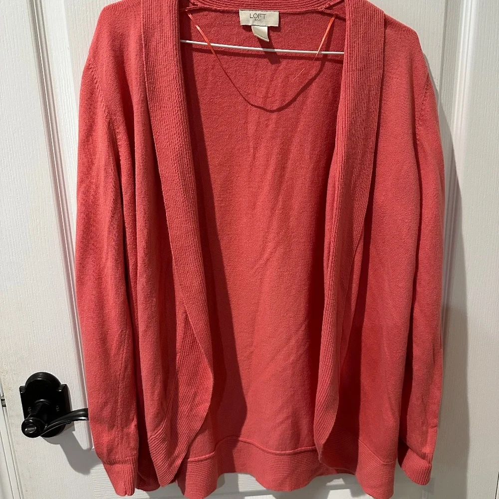 LOFT Coral Orange Draped Open Front Cardigan Sz L
